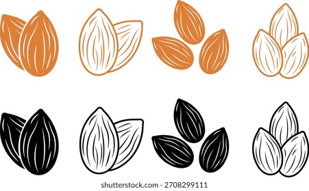 Illustration of almonds in different styles and colors perfect for foodrelated designs