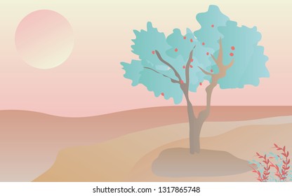 Illustration of alone tree with sunset or sunrise view, Scenery of natural horizon on cartoon style with soft color