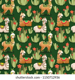 Illustration with alpaca and cactus plants. Vector seamless pattern on green background. Llama.