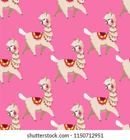 Illustration with alpaca and cactus plants. Vector seamless pattern on pink background. Llama.