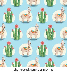 Illustration with alpaca and cactus plants. Vector seamless pattern on black background. Llama.