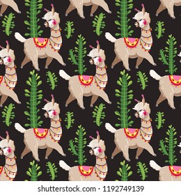 Illustration with alpaca and cactus plants. Vector seamless pattern on pink background. Llama.