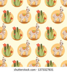 Illustration with alpaca and cactus plants. Vector seamless pattern on white background. Llama.