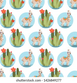 Illustration with alpaca and cactus plants. Vector seamless pattern on white background. Llama.