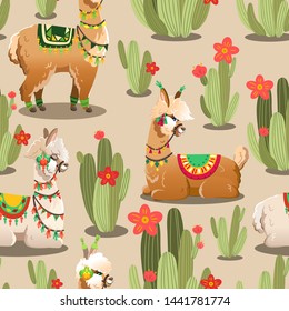 Illustration with alpaca and cactus plants. Vector seamless pattern with Llama.