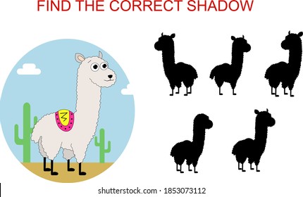 An illustration of alpaca with green cactus in the background. Educational game for children. Find correct shadow. 
