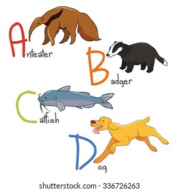 Illustration of alphabet animals  - anteater, badger, catfish, dog