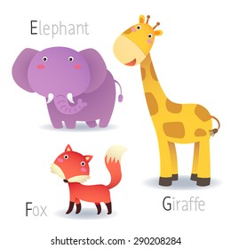 Illustration of alphabet with animals from E to G