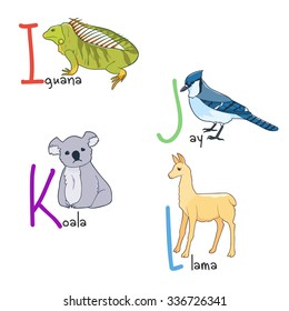 Illustration of alphabet animals  - iguana, blue jay, koala, llama
