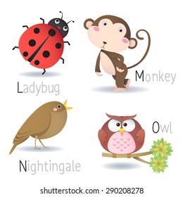 Illustration of alphabet with animals from L to O