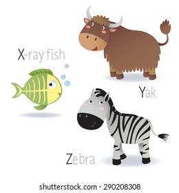 Illustration of alphabet with animals from X to Z