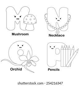 Illustration of alphabet coloring page letters m, n, o, p with beautiful clip arts isolated on white background