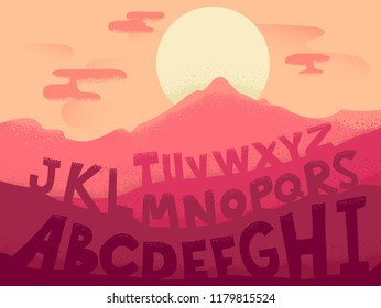 Illustration of an Alphabet Landscape with the Sun Setting Behind the Mountains