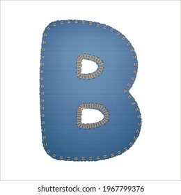 Illustration of alphabet letter B made from denim with torn raw edge, trimmed with orange threads along the edge. Vector. Can be used in web design, print, posters, word and capital letter layouts
