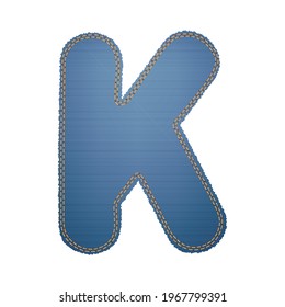 Illustration of alphabet letter K made from denim with torn raw edge, trimmed with orange threads along the edge. Vector. Can be used in web design, print, posters, word and capital letter layouts