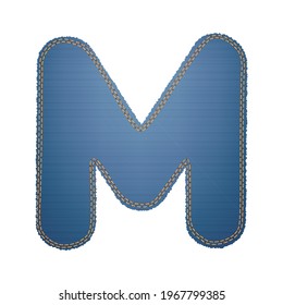 Illustration of alphabet letter M made from denim with torn raw edge, trimmed with orange threads along the edge. Vector. Can be used in web design, print, posters, word and capital letter layouts