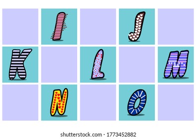 Illustration of alphabet letters with colorful decorations. Flat illustration. Vector illustration of the alphabet. Can be used for wall pictures or stickers that are ready to be printed.