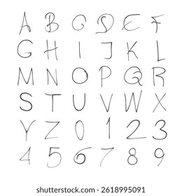ilustração das letras a a z e dos números em letras maiúsculas sem fundo