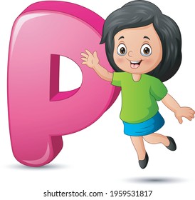 Illustration of alphabet P with happy girl