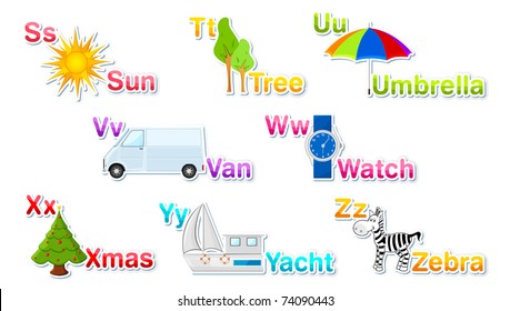 illustration of alphabet set with associate objects on isolated background part 3