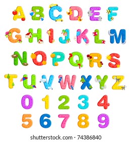 illustration of alphabet set with associate objects and number on isolated background