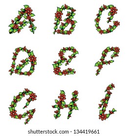 Illustration of alphabet set with flowers and leaves on isolated background