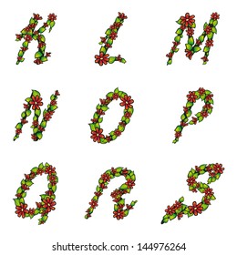Illustration of alphabet set with flowers and leaves on isolated background