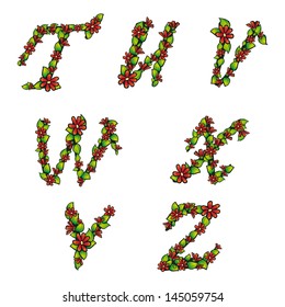Illustration of alphabet set with flowers and leaves on isolated background