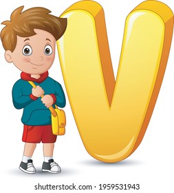 Illustration of alphabet V with a school boy standing