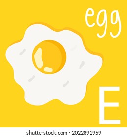 Illustration of Alphabet, a white Letter E and a fried egg. Cartoon vector style for your design.