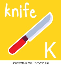 Illustration of Alphabet, a white Letter K and a knife. Cartoon vector style for your design.