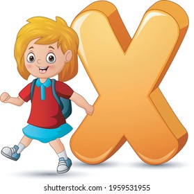 Illustration of alphabet X with a school girl walking