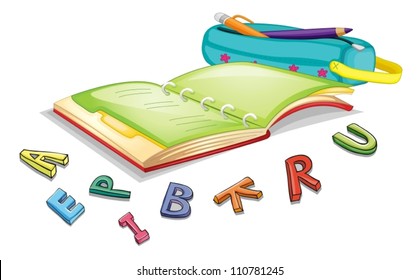 illustration of alphabets and book on a white background