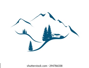 illustration of an alpine mountain landscape with chalet and firs