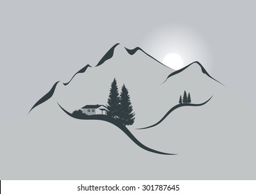 illustration of an alpine mountain landscape with chalet, firs and sun