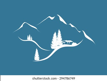 illustration of an alpine mountain landscape in winter with chalet and firs