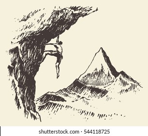 Illustration of an alpinist with mountain peak at the background, hand drawn, vector, sketch