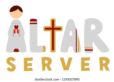 Illustration of an Altar Server Lettering with a Boy in White Alb as Letter A