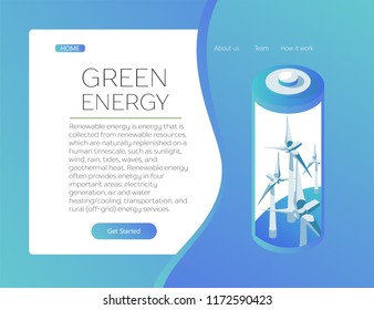 Illustration of alternative energy sources. Wind turbines in a battery. Isometric 3d