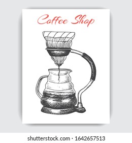 Illustration with an alternative way of brewing coffee. Alternative coffee brewing methods sketch.