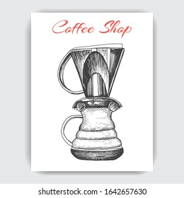 Illustration with an alternative way of brewing coffee. Alternative coffee brewing methods sketch.