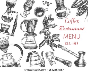 Illustration with an alternative way of brewing coffee. Alternative coffee brewing methods sketch.
