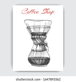 Illustration with an alternative way of brewing coffee. Alternative coffee brewing methods sketch.
