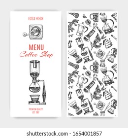 Illustration with an alternative way of brewing coffee. Alternative coffee brewing methods sketch.