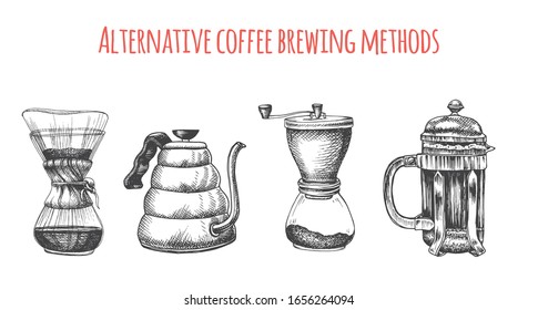 Illustration with an alternative way of brewing coffee. Alternative coffee brewing methods sketch.