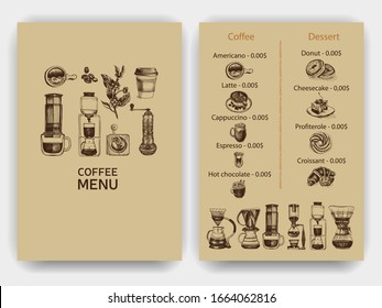 Illustration with an alternative way of brewing coffee. Alternative coffee brewing methods sketch. Menu espresso bar.