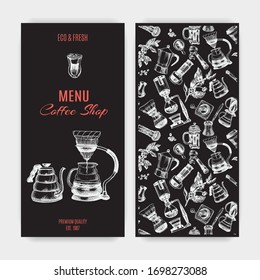 Illustration with an alternative way of brewing coffee. Alternative coffee brewing methods sketch. Menu espresso bar.