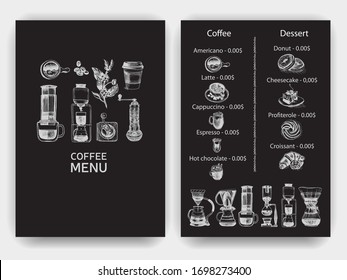 Illustration with an alternative way of brewing coffee. Alternative coffee brewing methods sketch. Menu espresso bar.