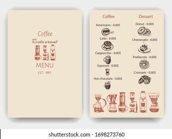 Illustration with an alternative way of brewing coffee. Alternative coffee brewing methods sketch. Menu espresso bar.