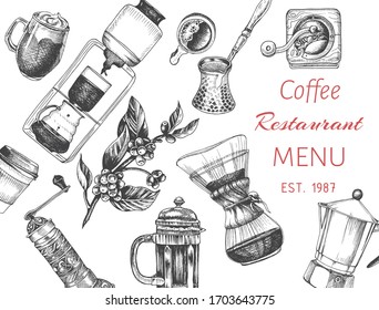 Illustration with an alternative way of brewing coffee. Alternative coffee brewing methods sketch. Menu espresso bar.